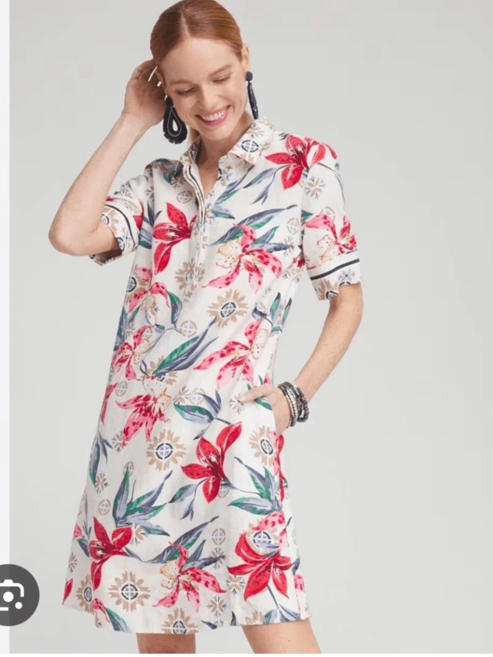 Chico's White Linen Tropical Floral Button-Front Short Sleeve Shirt Dress
